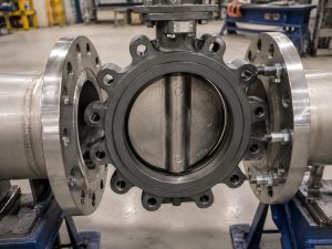 Lugged butterfly valve bolt chart for flange bolting selection, showing a lugged butterfly valve with visible flange connections and fastener arrangement in an industrial piping review environment.