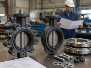 A lugged valve and a wafer valve positioned beside matching pipe flanges on an industrial valve inspection bench, with an engineer reviewing installation drawings for a lugged vs wafer butterfly valve selection.