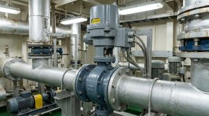Marine Electric Butterfly Valve installed in a shipboard piping environment with an electric actuator mounted on the valve body for remote marine flow control applications.