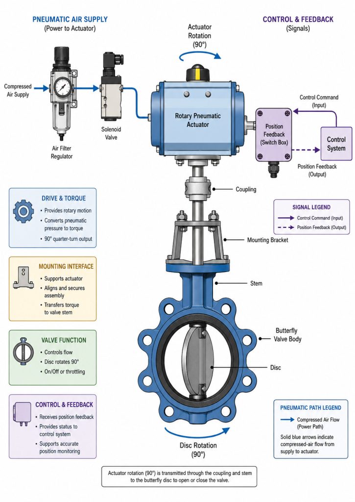 Butterfly valve body and disc connected through the stem, coupling, and mounting bracket to a rotary pneumatic actuator, with separate arrows showing compressed-air input, control command, valve rotation, and position feedback.