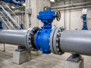 A butterfly shut off valve installed between flanges on a large industrial water pipeline, with the valve body, disc position indicator, gearbox, and surrounding pipework clearly visible in a clean mechanical room.