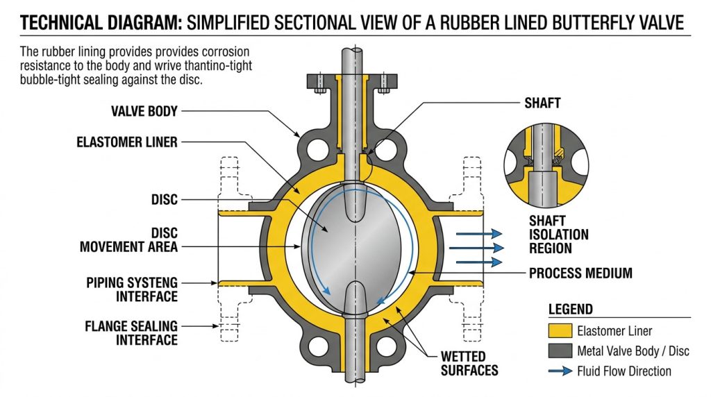 Rubber lined butterfly valve construction view showing the valve body, elastomer lining area, disc, shaft isolation region, and sealing interfaces