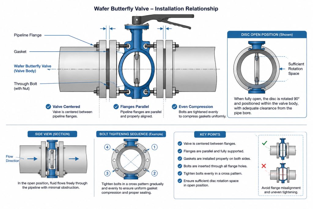 wafer butterfly valve installation between pipe flanges showing valve centering, disc clearance area, and bolt tightening positions