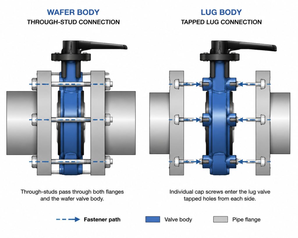 Butterfly valve wafer body and lug body fastener arrangements showing through-studs on a wafer valve and separate cap screws entering lug valve tapped holes.