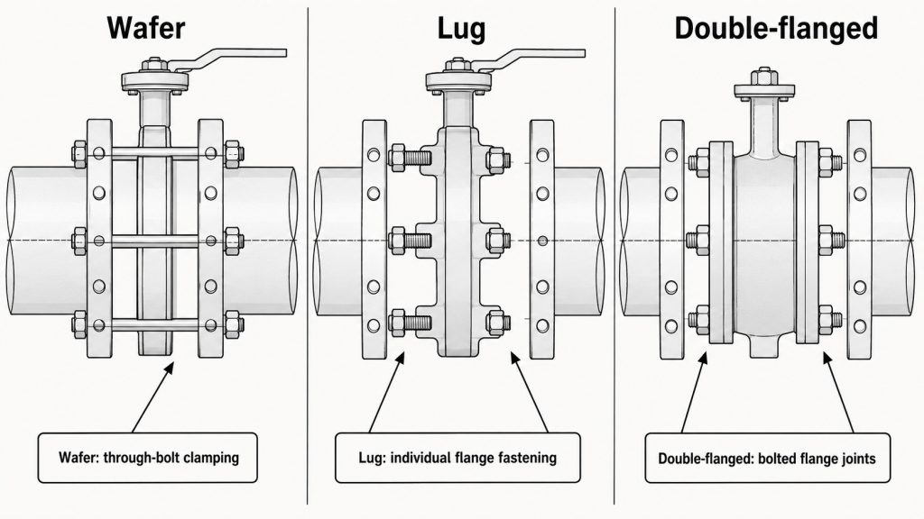 Butterfly valve body styles with flange holes and fastener paths showing wafer, lug, and double-flanged joint arrangements