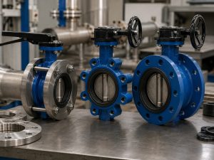 wafer valve vs butterfly valve selection scene with wafer, lug, and double-flanged butterfly valve bodies arranged beside industrial pipe flanges in a realistic engineering evaluation environment.