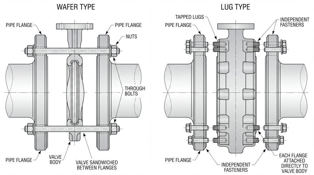 Side-by-side connection layouts showing a wafer butterfly valve clamped between two flanges by through-bolts and a full-lug butterfly valve fastened independently to each flange with separate cap screws.