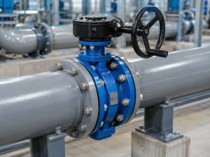 Industrial butterfly valve installed between pipeline flanges in the open position, with the disc, stem, valve body, and gearbox clearly visible in a water treatment system.