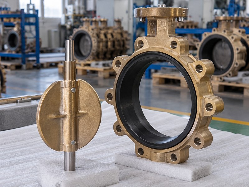 api 609 butterfly valve manufacturer: bronze-coloured components for a material-document review.