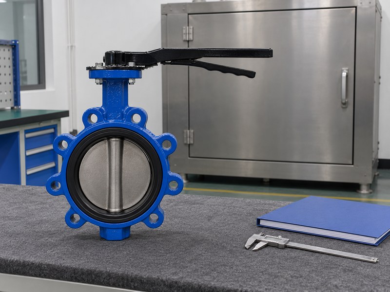 api 609 butterfly valve manufacturer: disconnected sample beside a closed inspection cabinet.