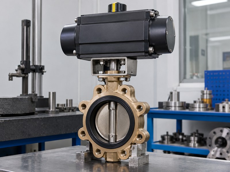 api 609 butterfly valve manufacturer: top-mounted actuator and aligned valve coupling.