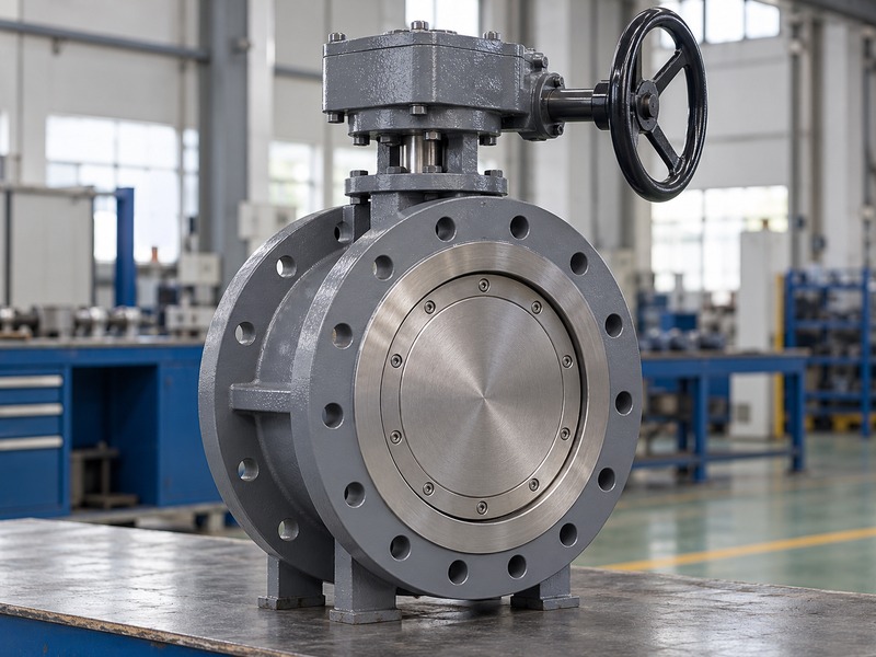 Metal-seated butterfly valve body supported on a workshop inspection stand