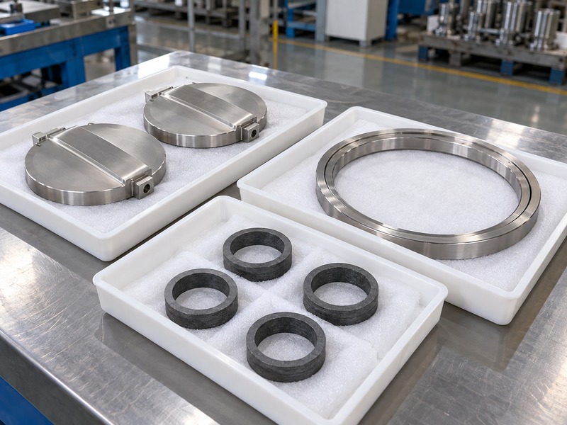 Separate metal and packing components prepared for material review