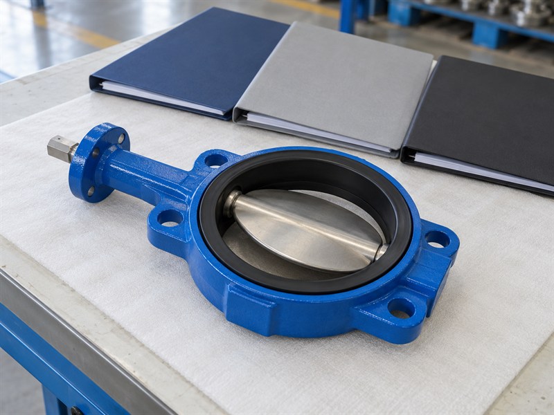 API JIS EN593 butterfly valve requirements review at a factory bench
