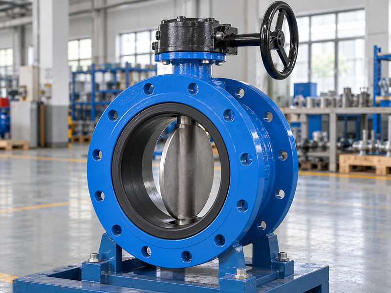 Illustrative sample review for awwa cast iron butterfly valves showing a flanged valve with a partly open disc and gear operator.