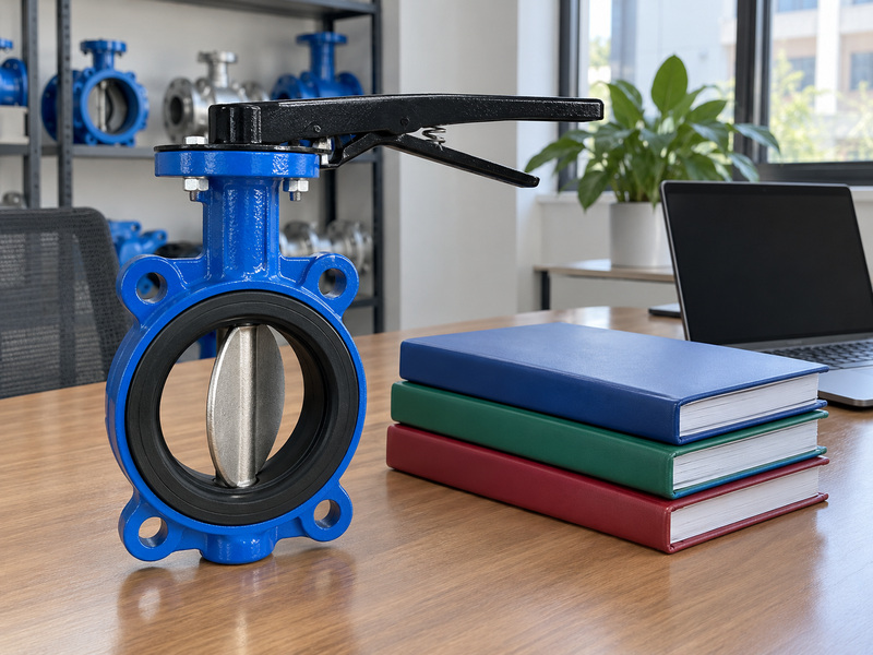 Illustrative document review for awwa cast iron butterfly valves with a valve sample, blank folders and a dark laptop screen.