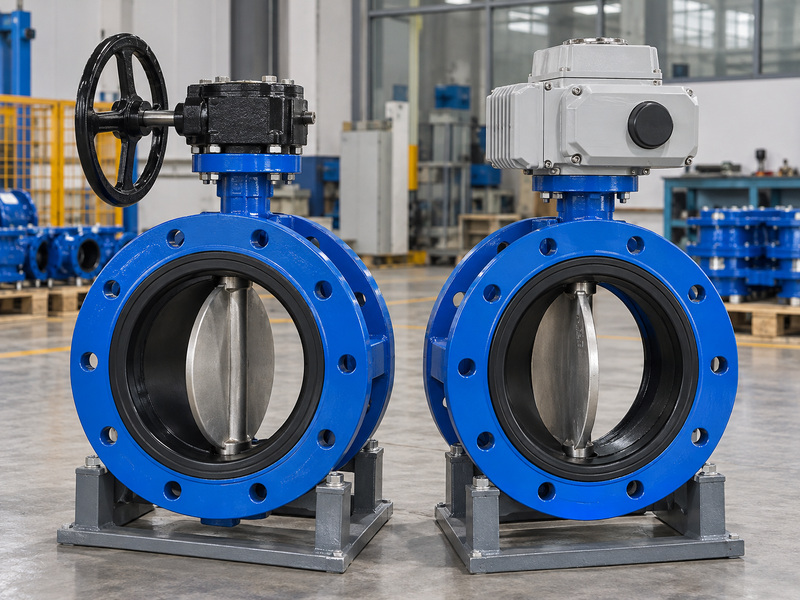 Illustrative operator comparison for awwa cast iron butterfly valves with manual gearing and an electric actuator on separate samples.