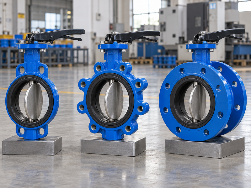 Illustrative connection comparison for awwa cast iron butterfly valves showing wafer, lug and double-flanged samples.