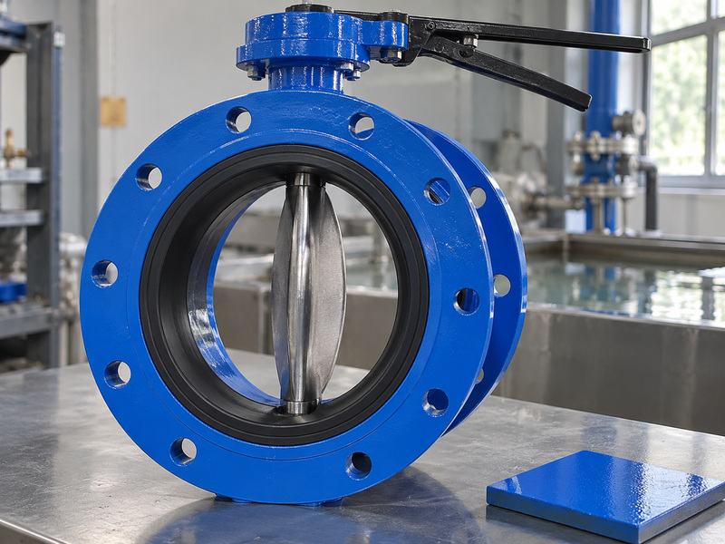 Illustrative surface review for awwa cast iron butterfly valves showing a nearly open disc, black seat and blue coated sample.