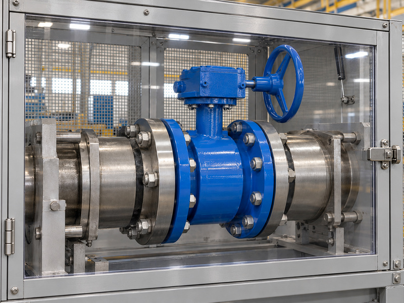 Illustrative inspection preparation for awwa cast iron butterfly valves with a flanged valve secured behind a closed protective door.
