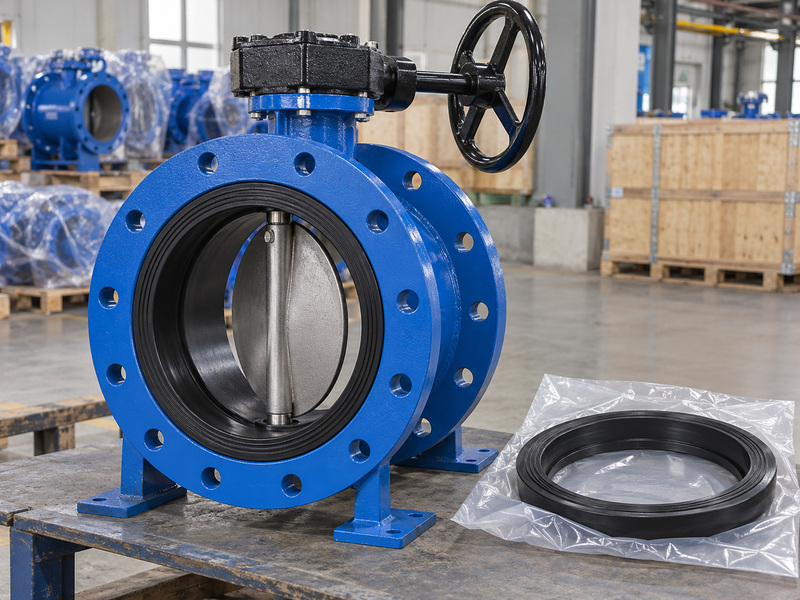 Illustrative delivery scope review for awwa cast iron butterfly valves with a complete sample and a protected spare seat.
