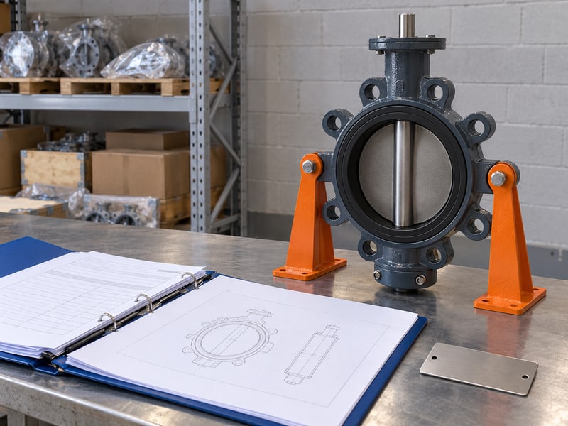 butterfly valve abbreviation: illustrative dark gray supported butterfly valve beside blank supplier folders and anonymous valve outline sheets