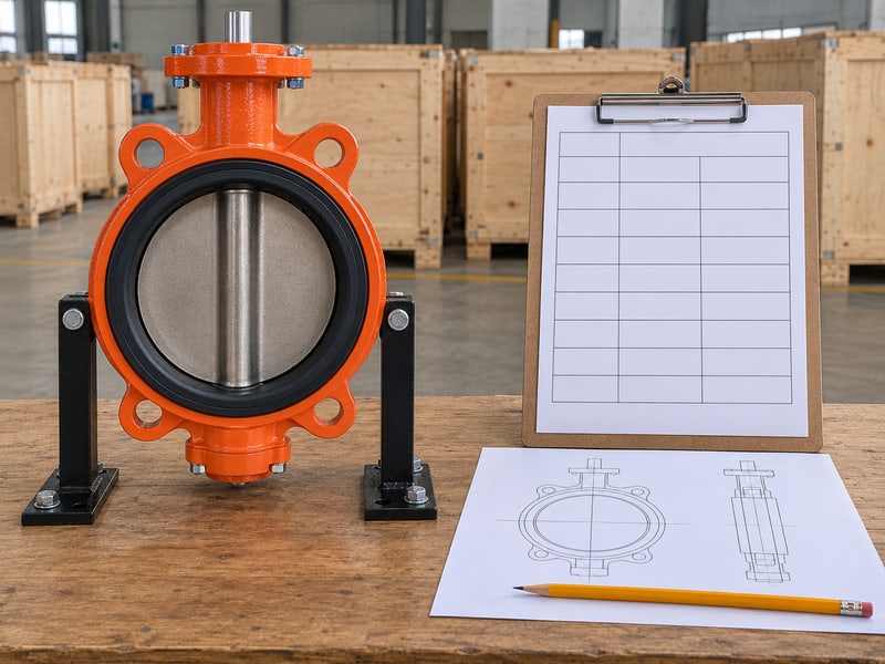 butterfly valve abbreviation: illustrative orange wafer butterfly valve on fixed-ear supports beside blank controlled legend records