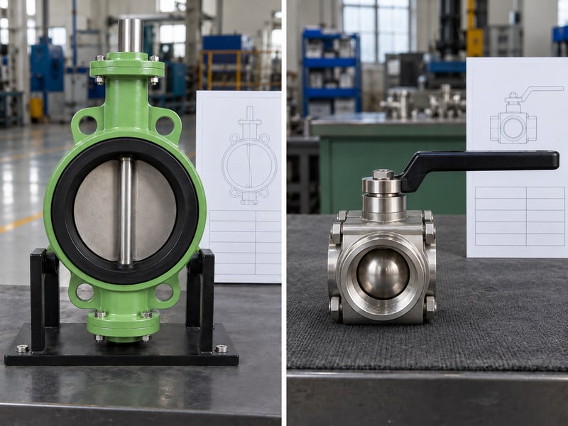 butterfly valve abbreviation: illustrative two-panel photographic comparison of independent butterfly and ball valves with blank legend sheets