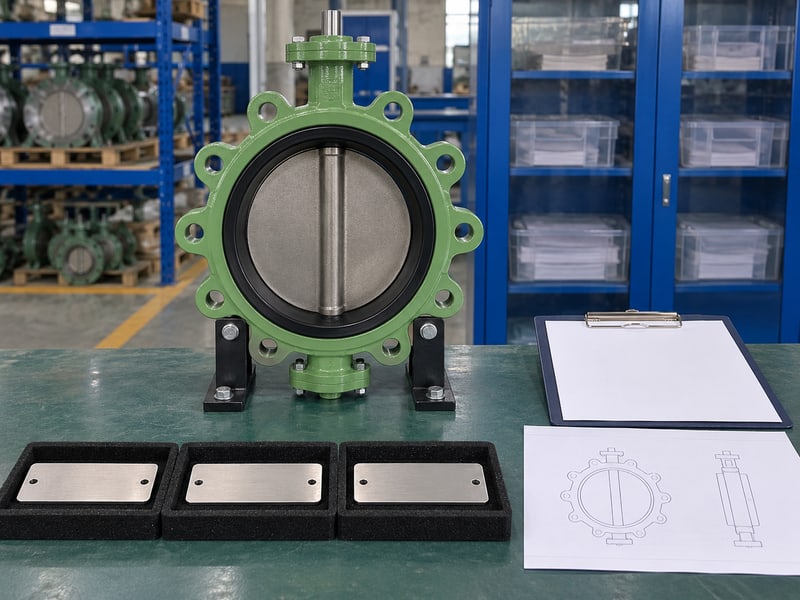 butterfly valve abbreviation: illustrative supported pale green butterfly valve beside separate blank identity plates and an empty valve register