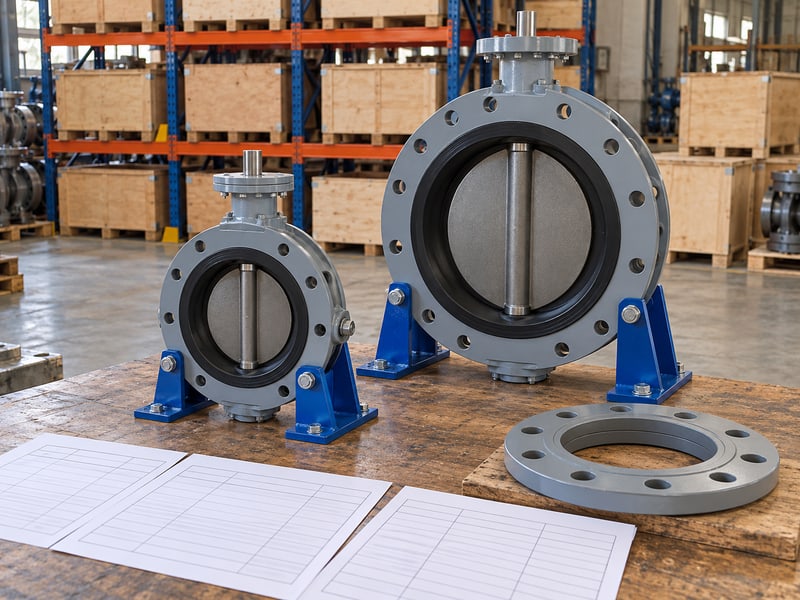 butterfly valve abbreviation: illustrative two differently sized supported butterfly valves with loose flange samples and blank receiving fields