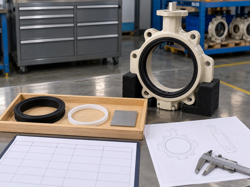 butterfly valve abbreviation: illustrative empty off-white butterfly valve body and separate seal rings and material coupons beside blank configuration records