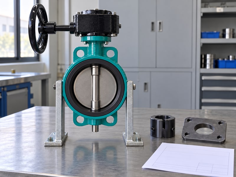 butterfly valve abbreviation: illustrative manual gear-operated butterfly valve and detached actuator coupling components on an assembly bench