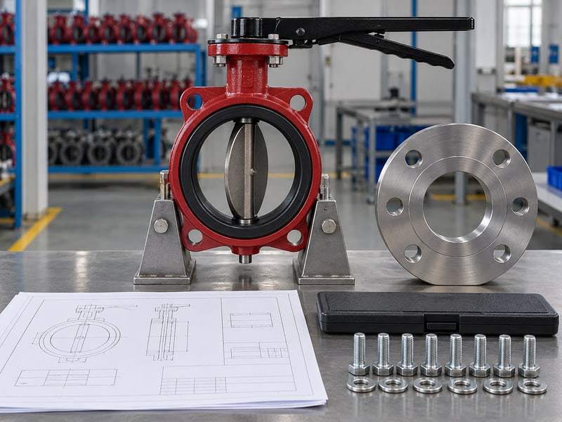 butterfly valve abbreviation: illustrative standalone wafer butterfly valve and detached mating flange at a dimensional drawing review desk
