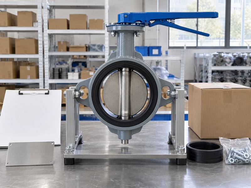 butterfly valve abbreviation: illustrative supported butterfly valve beside blank incoming inspection records and separated packing items