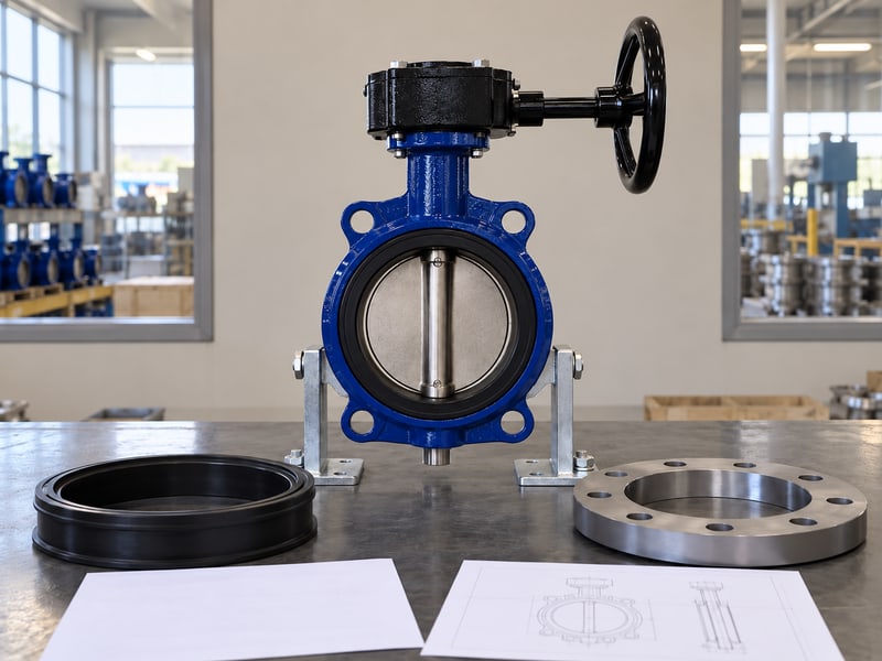 butterfly valve abbreviation: illustrative butterfly valve and separated seat and connection parts beside blank quotation documents