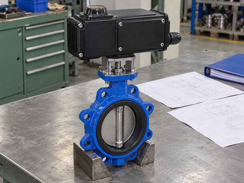 butterfly valve actuator orientation: illustrative electric actuator housing, control face and cable entries on a supported valve assembly