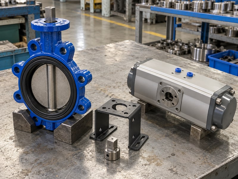 butterfly valve actuator orientation: illustrative isolated pneumatic operator and valve mounting parts arranged for clocking review