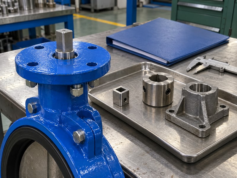 butterfly valve actuator orientation: illustrative square valve stem, drive insert and mounting bracket prepared for coupling checks
