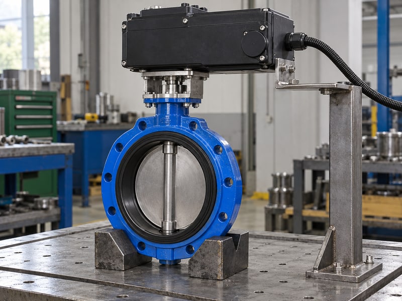 butterfly valve actuator orientation: illustrative electric actuator overhang supported through a steel bracket beside the aligned stem mount
