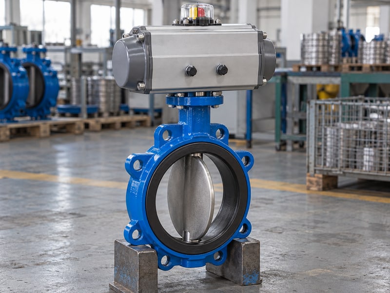 butterfly valve actuator orientation: illustrative partly rotated disc and local mechanical position indicator on an isolated actuator assembly