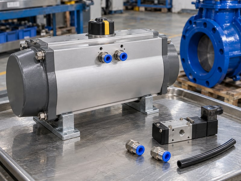 butterfly valve actuator orientation: illustrative isolated pneumatic drive with disconnected air fittings and an unpowered control accessory