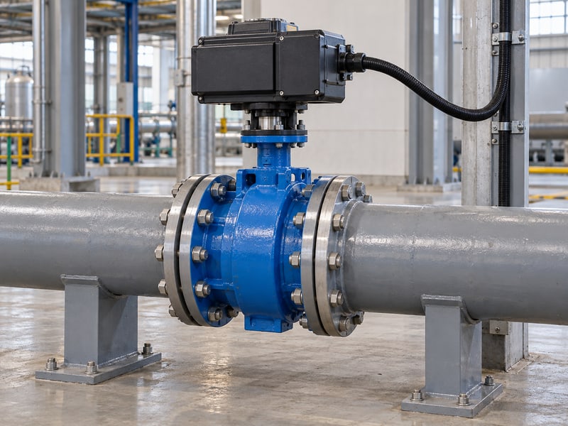 butterfly valve actuator orientation: illustrative installed electric actuator and enclosed valve body with supported cables and piping