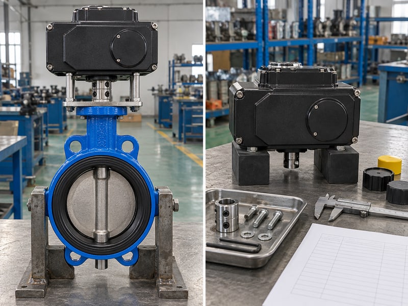 butterfly valve actuator orientation: illustrative paired photos of actuator removal space and independently supported replacement drive components