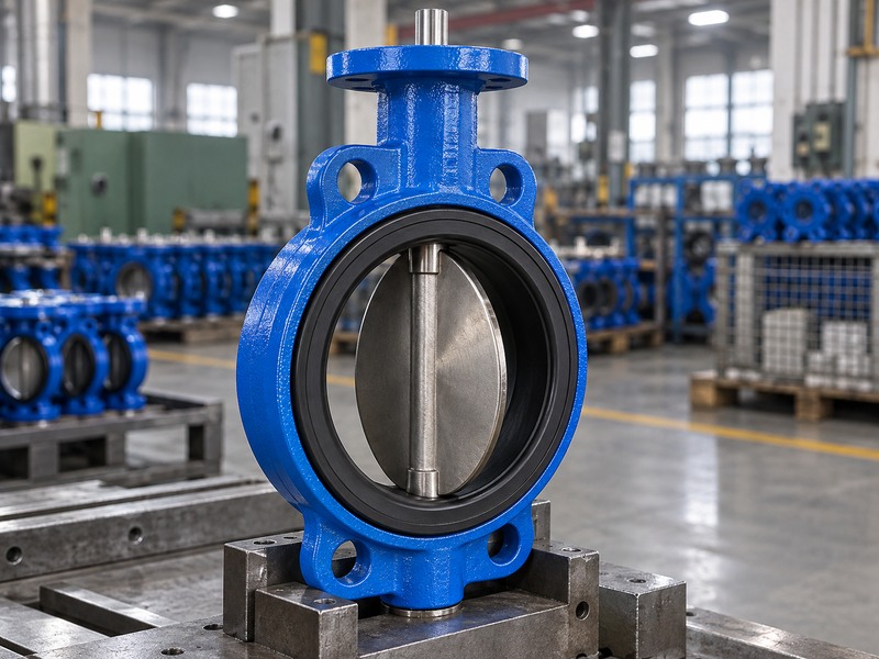 butterfly valve actuator parts - butterfly valve body and disc on an inspection fixture