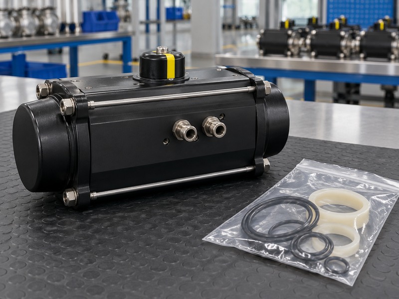 butterfly valve actuator parts - closed pneumatic actuator beside a spare seal kit