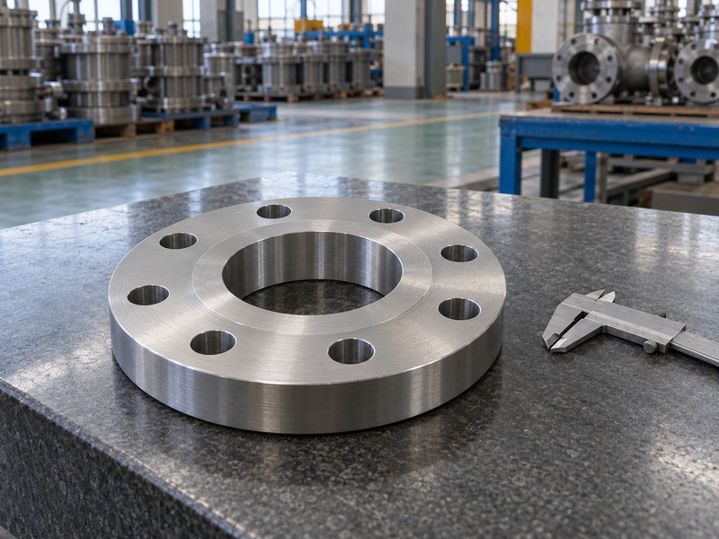 Eight-hole steel pipe flange on a factory inspection bench