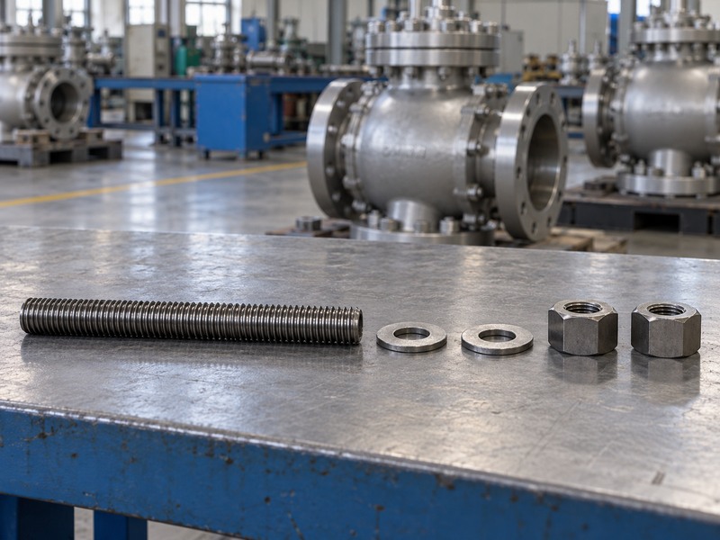 Separate through-stud, nuts and washers arranged on a bench