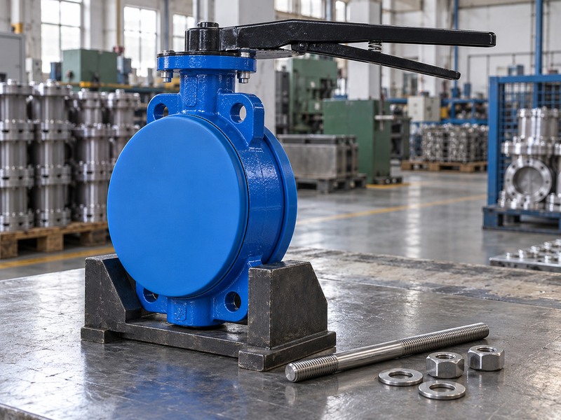 Protected short-body wafer valve beside a long stud and nuts