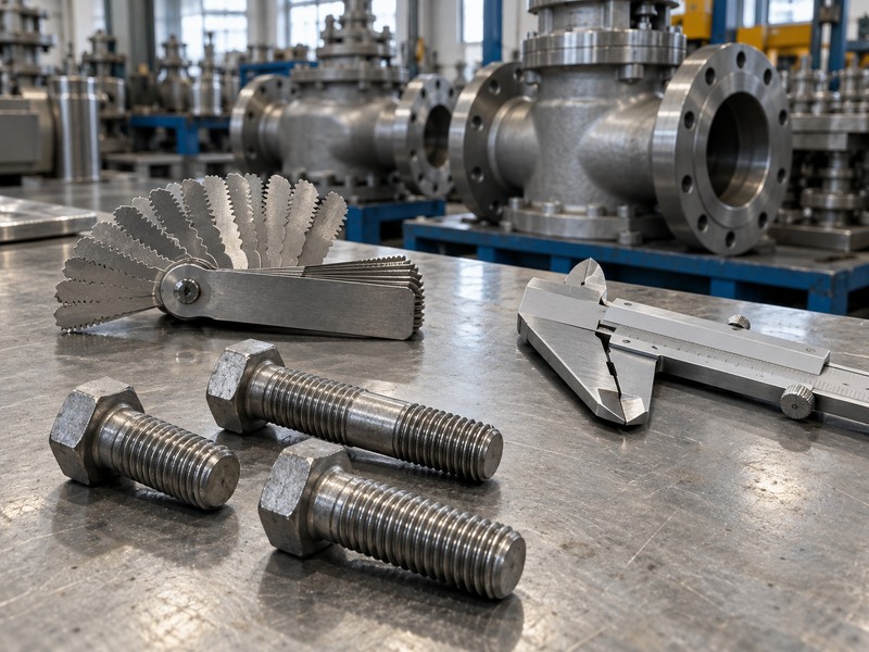 Hexagon-head bolts beside a thread gauge and caliper