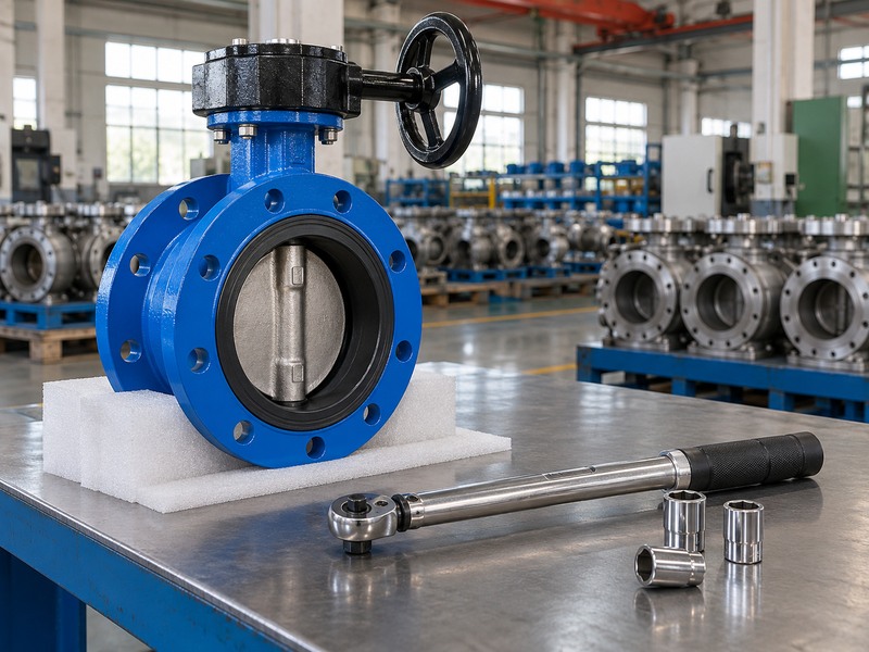 Torque wrench and sockets beside a gear-operated flanged valve